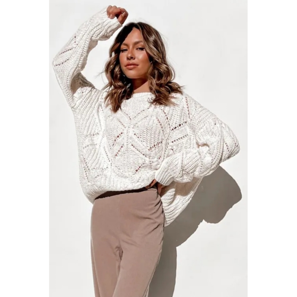 White Balloon Sleeve Textured Knit Sweater - Picture 3 of 6